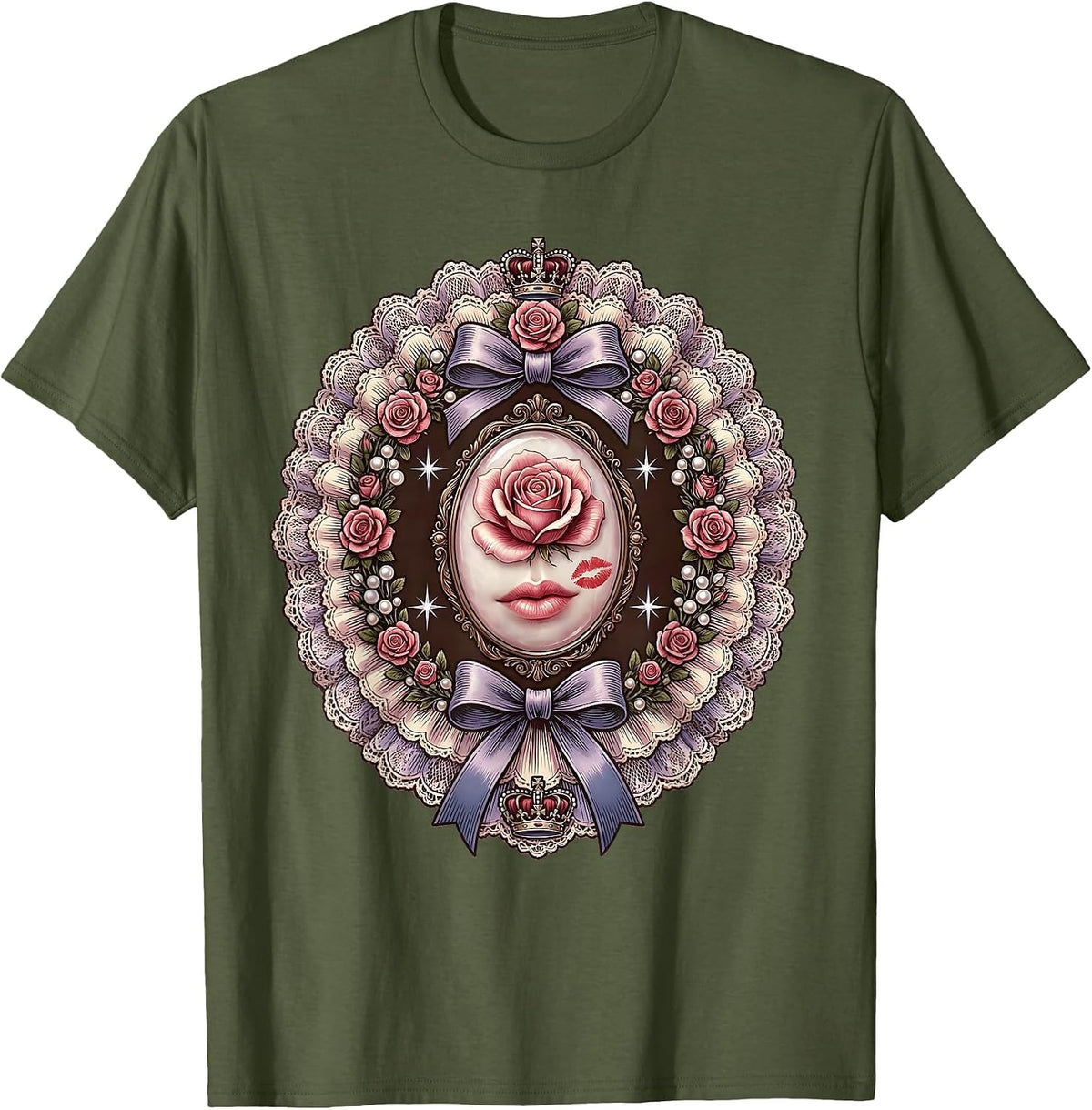 Gigi Elegant Kiss Blowing Sparkles Graphic Design T-Shirt - Olive Green