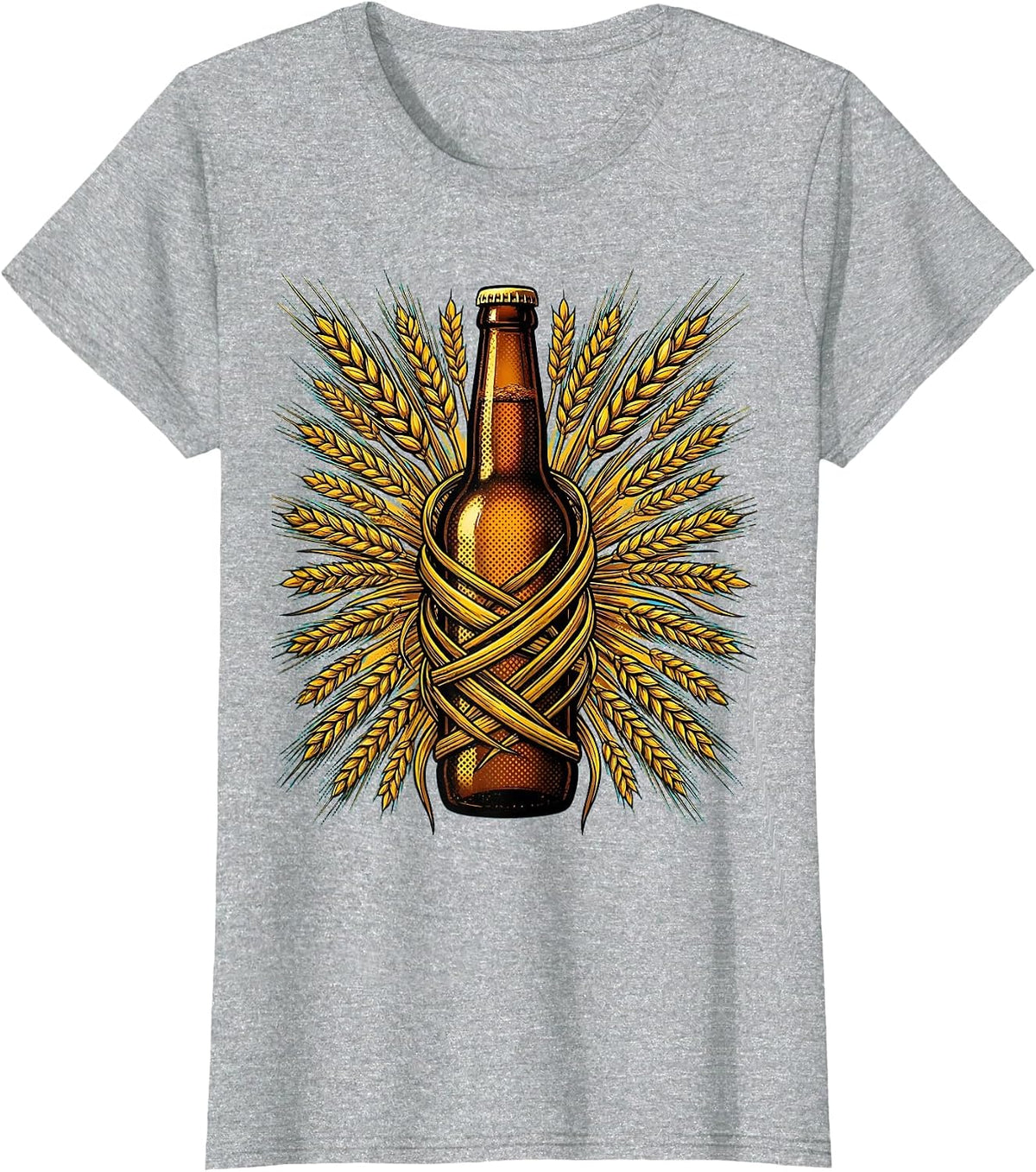 Women's Wheat and Bottle Craft Beer Illustration T-Shirt - Heather Grey
