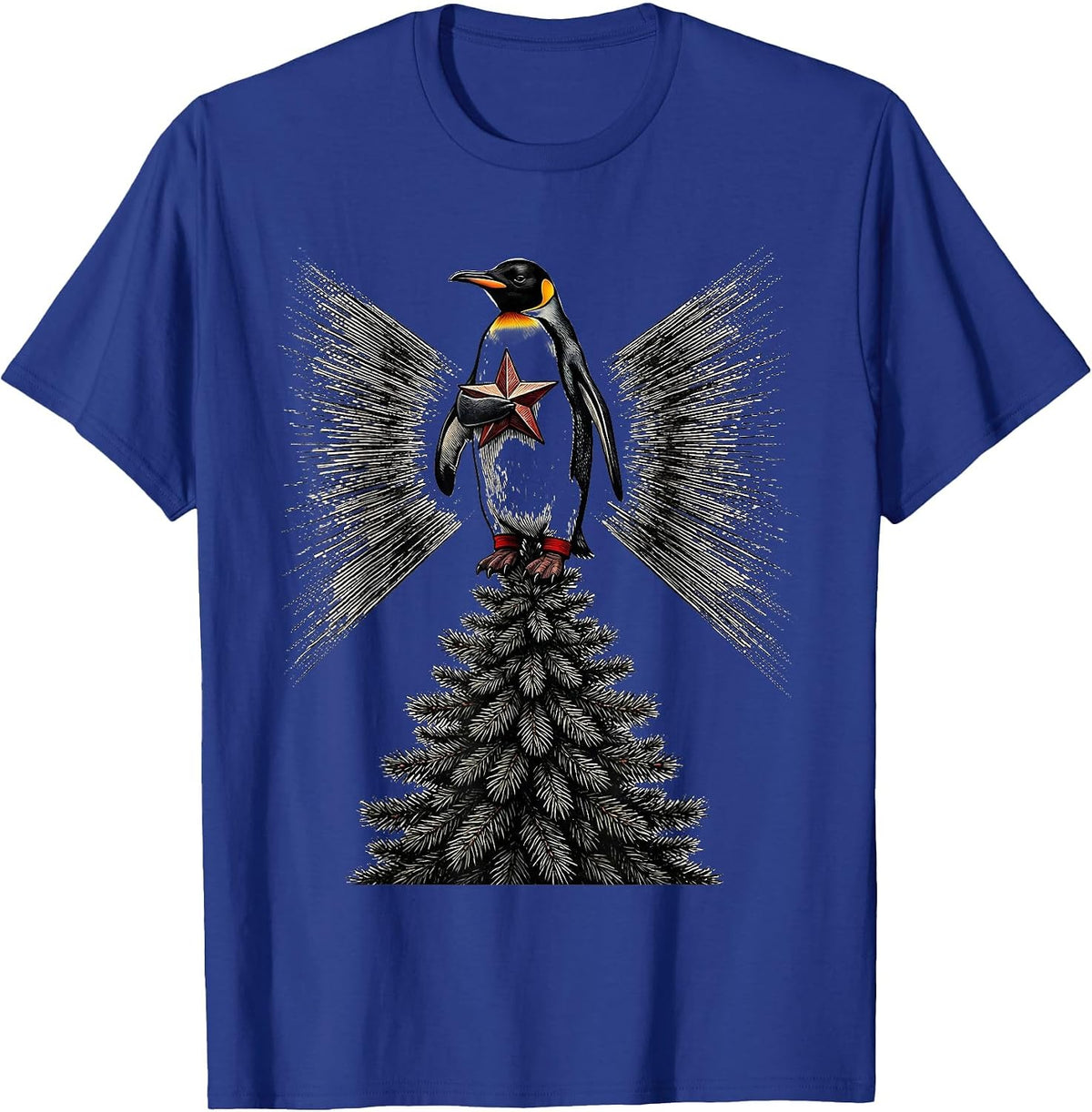 Men's Penguin in Pajamas Christmas Tree Star Holiday Humor T-Shirt - Royal Blue