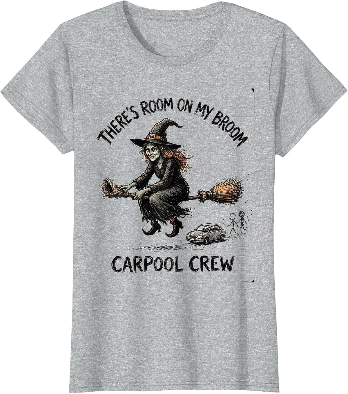 Women's There's Room On My Broom Carpool Crew Funny Halloween T-Shirt - Heather Grey