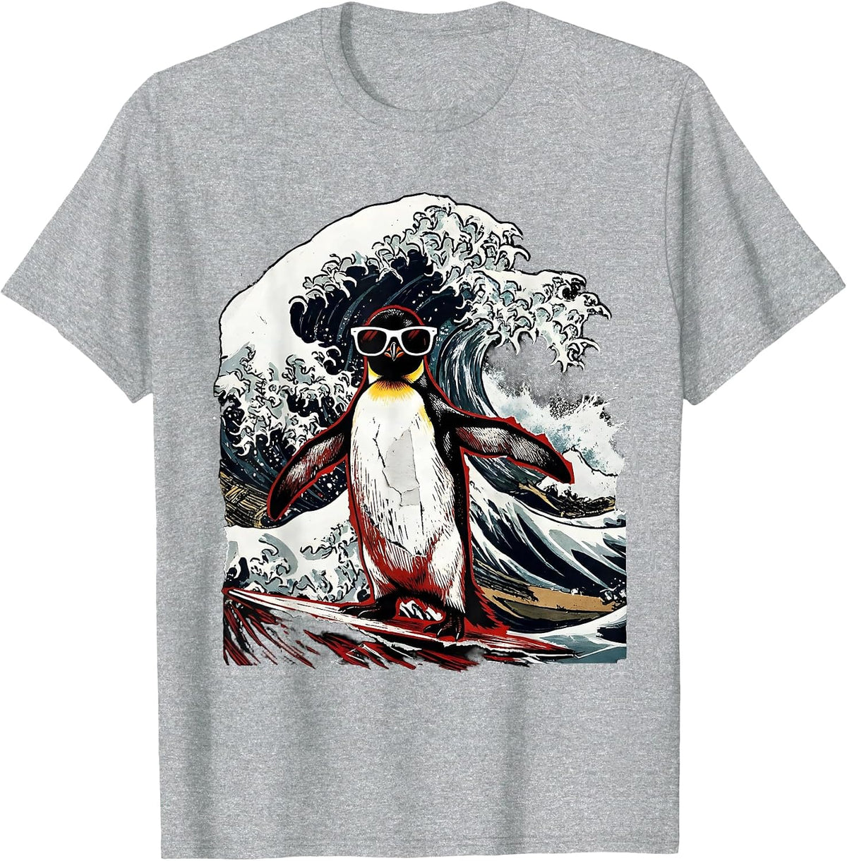 Men's Cool Penguin Surfer Riding Giant Wave Graphic T-Shirt - Heather Grey