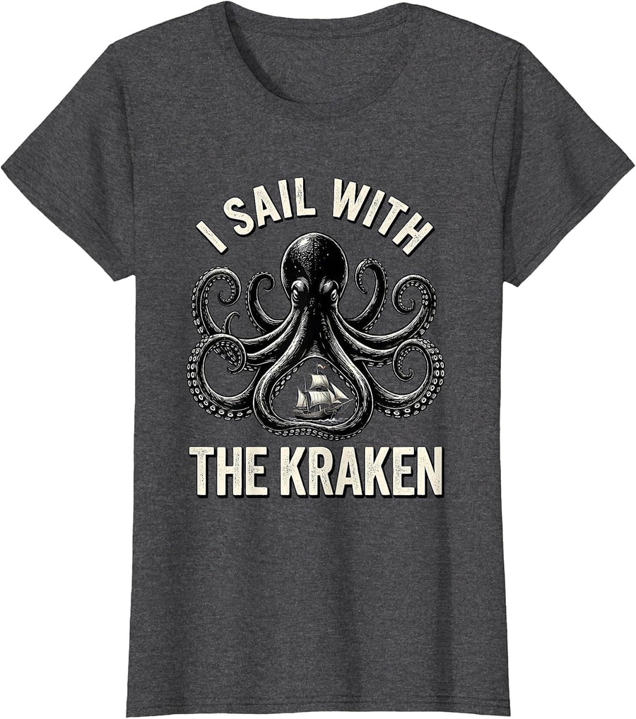 Women's I Sail With The Kraken Vintage Kraken Octopus Lover Sea T-Shirt - Dark Heather Grey