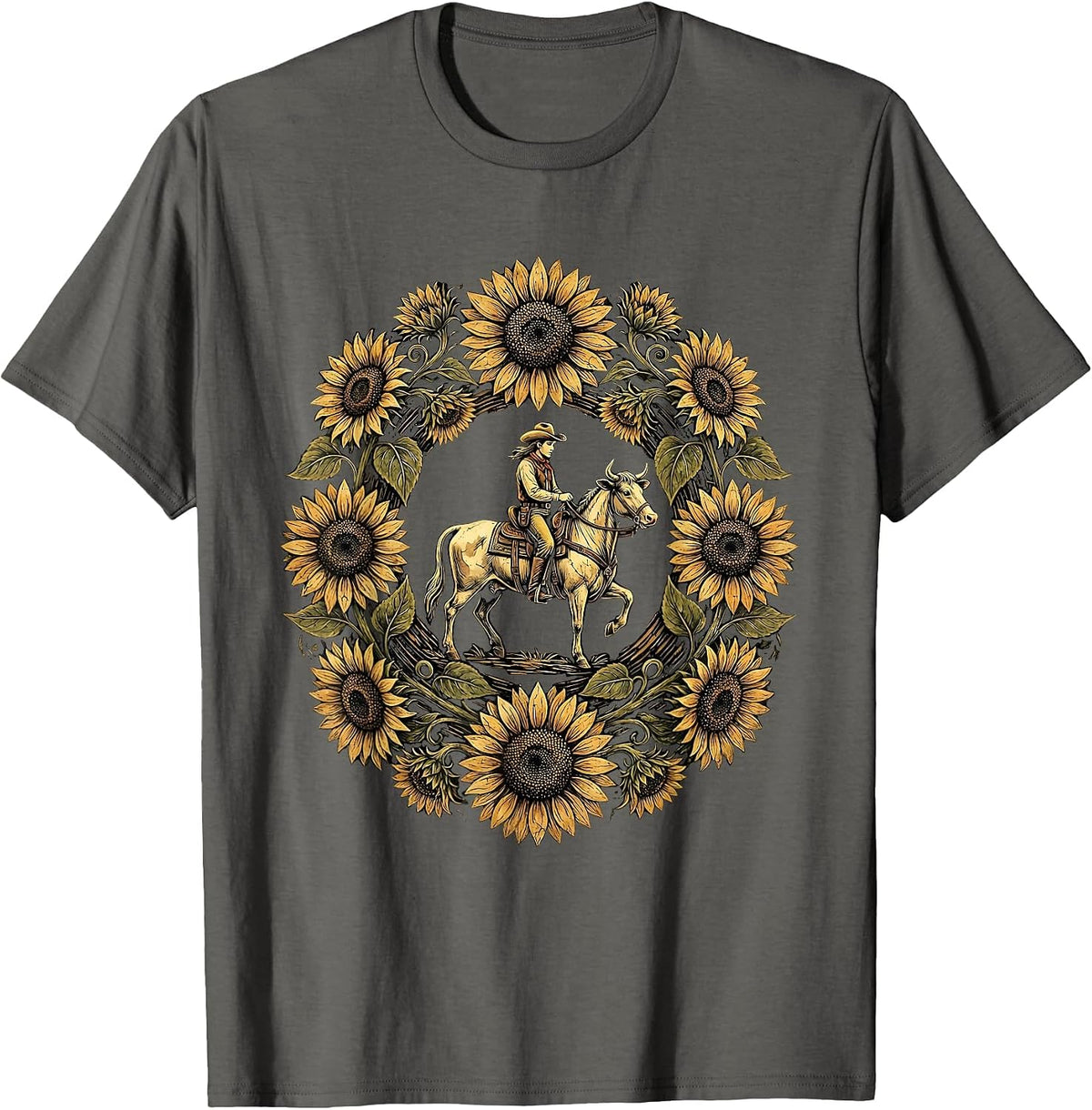 Cowgirl Riding Horse Through Sunflower Field T-Shirt - Asphalt Grey