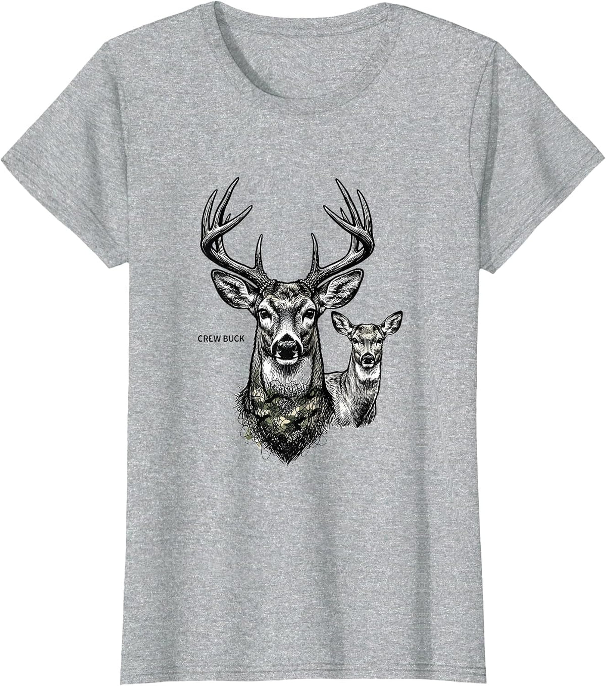 Crew Buck Line Art Camo Deer Hunting Youth Humor T-Shirt - Heather Grey