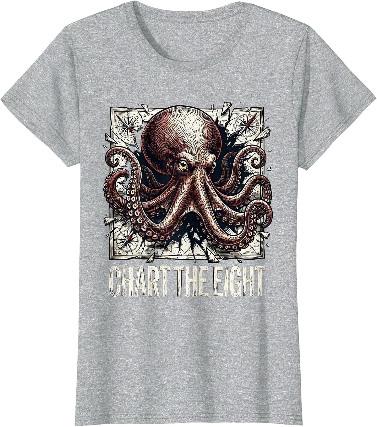 Chart The Eight Formidable Octopus Sea Creature Woodcut T-Shirt - Heather Grey