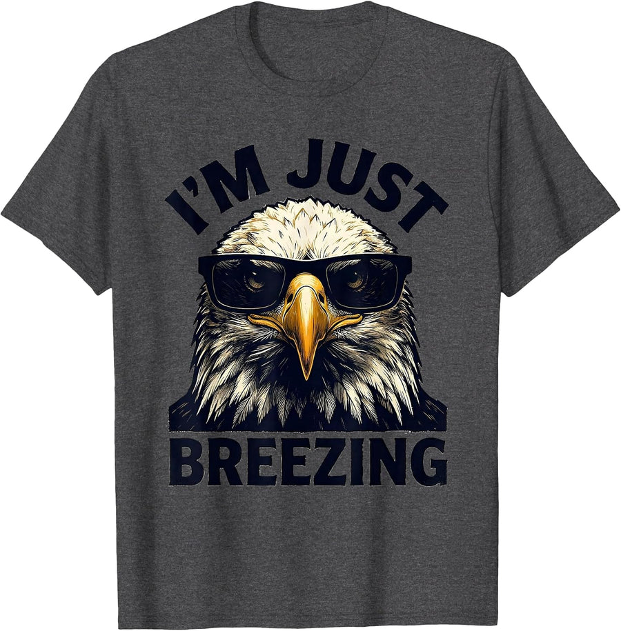 Men's I'M JUST BREEZING Linocut Bald Eagle Sunglasses Novelty T-Shirt - Dark Heather Grey