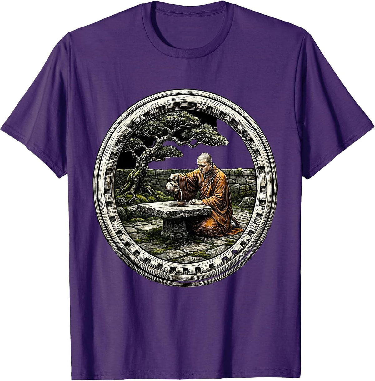Monk Pouring Tea in Stone Courtyard Graphic T-Shirt - Purple