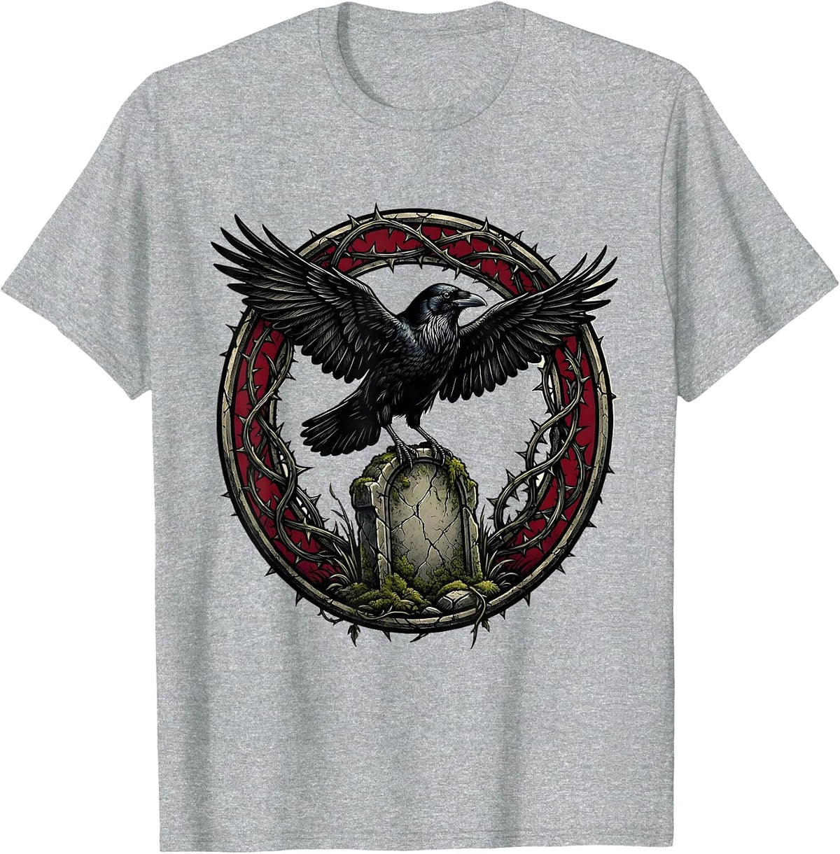 Men's Crow on Crumbling Gravestone Gothic Art T-Shirt - Heather Grey