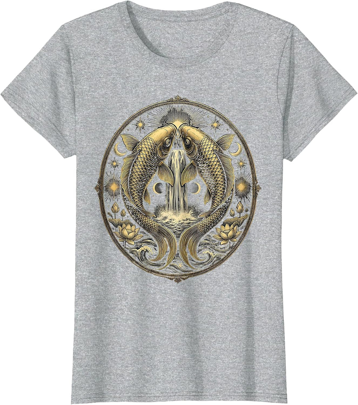 Women's Koi Fish Leaping Over Waterfall Japanese Art T-Shirt - Heather Grey