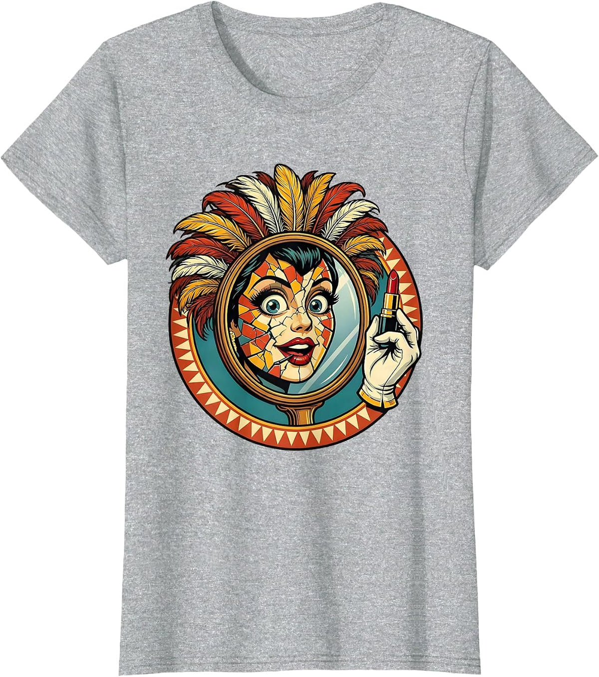 Showgirl Lipstick Cracked Mirror Graphic Design T-Shirt - Heather Grey