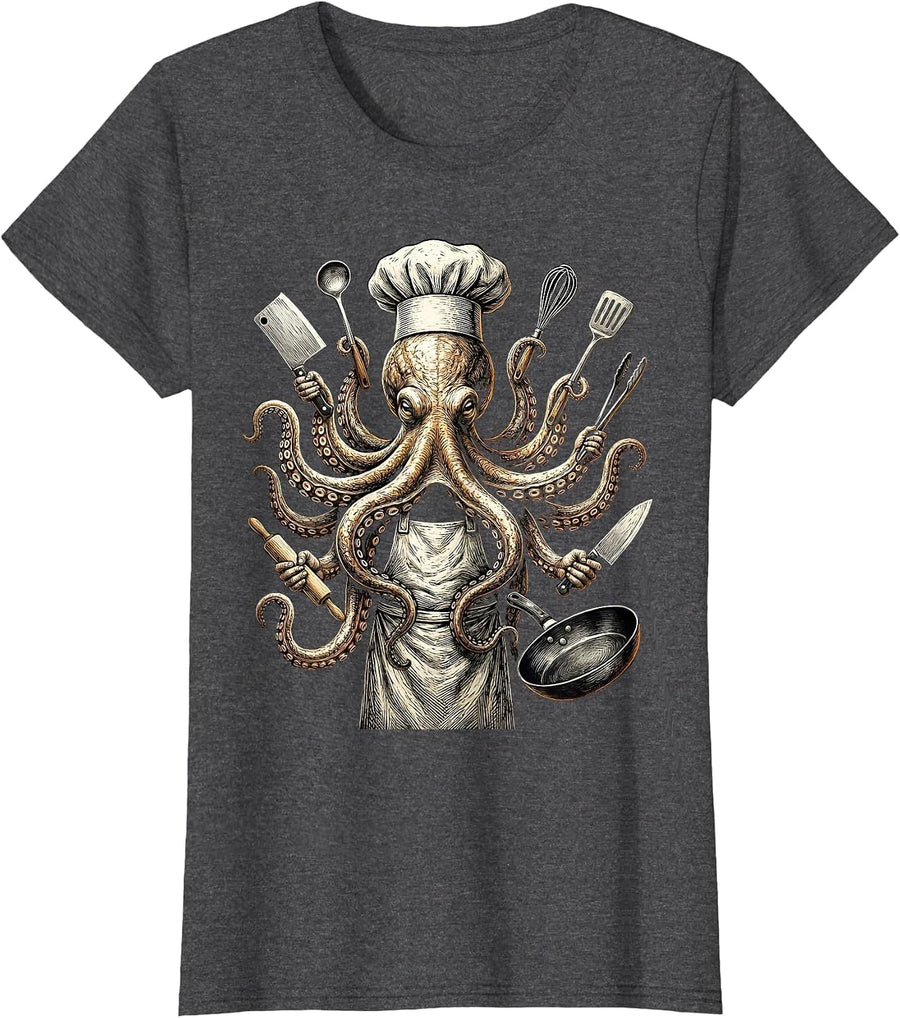 Women's Octopus Chef Holding Eight Kitchen Tools T-Shirt - Dark Heather Grey