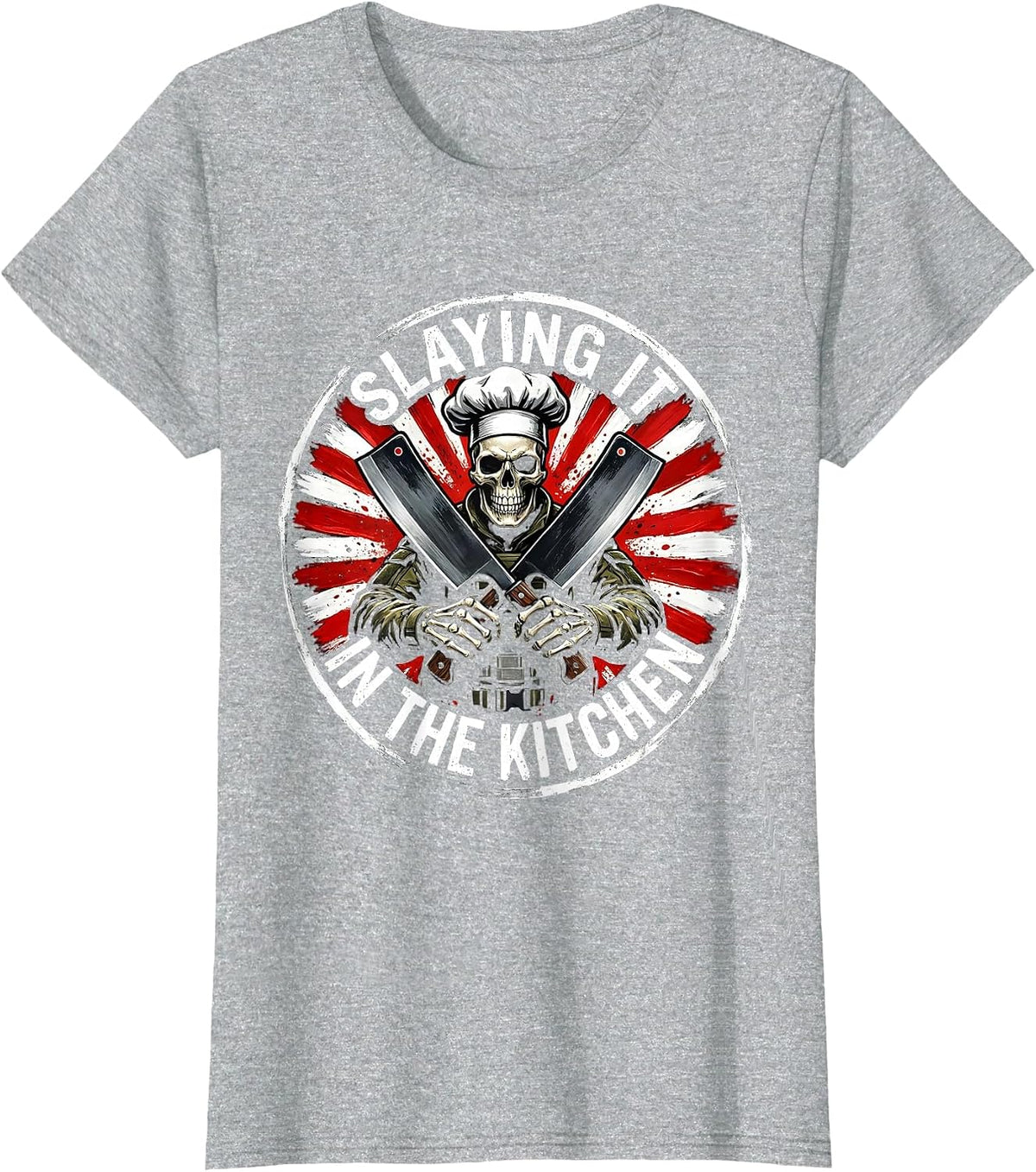 Halloween Skeleton Chef Slaying It In The Kitchen T-Shirt - Heather Grey