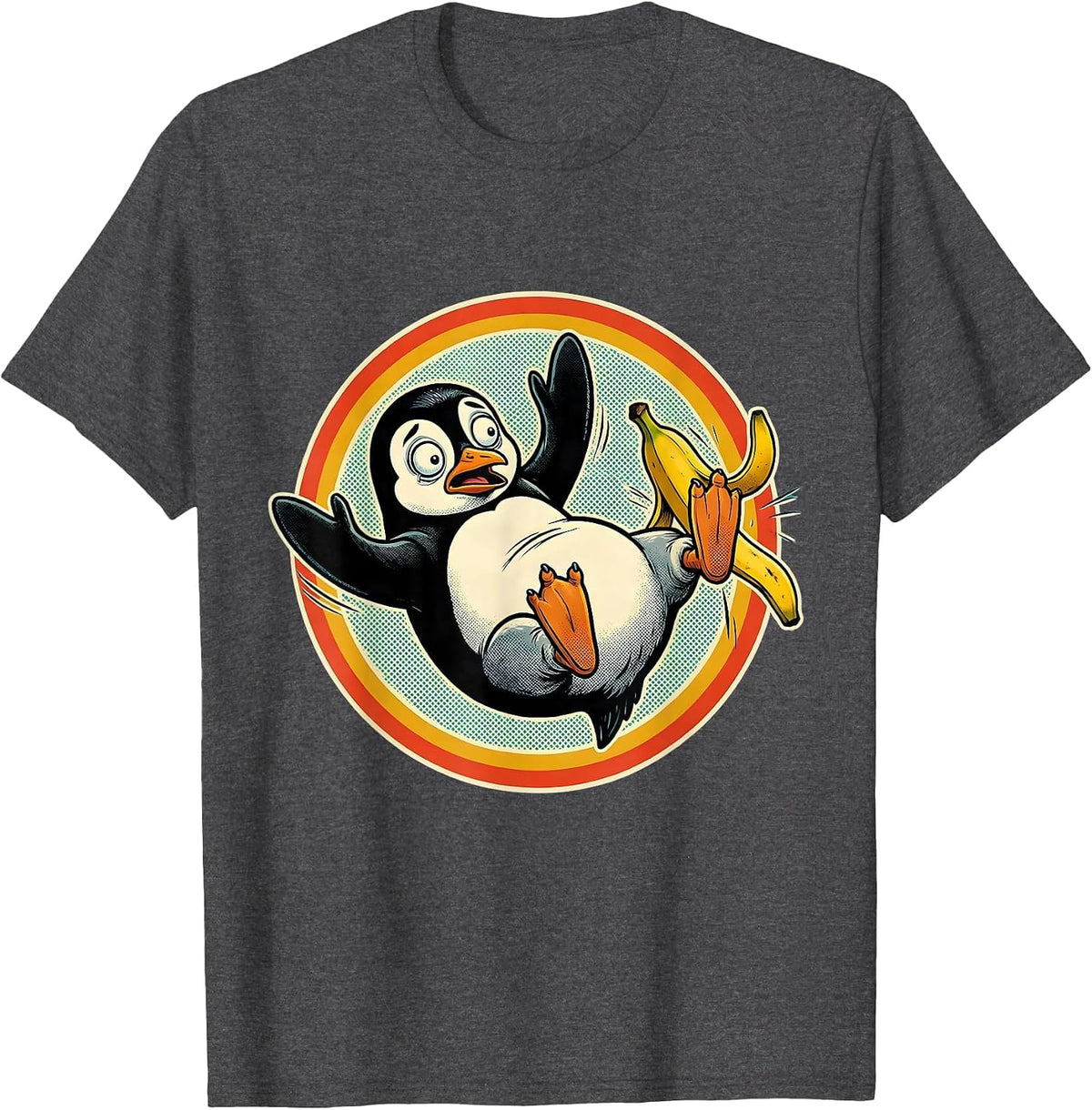 Men's Funny Penguin Banana Peel Slip Comic Art T-Shirt - Dark Heather Grey