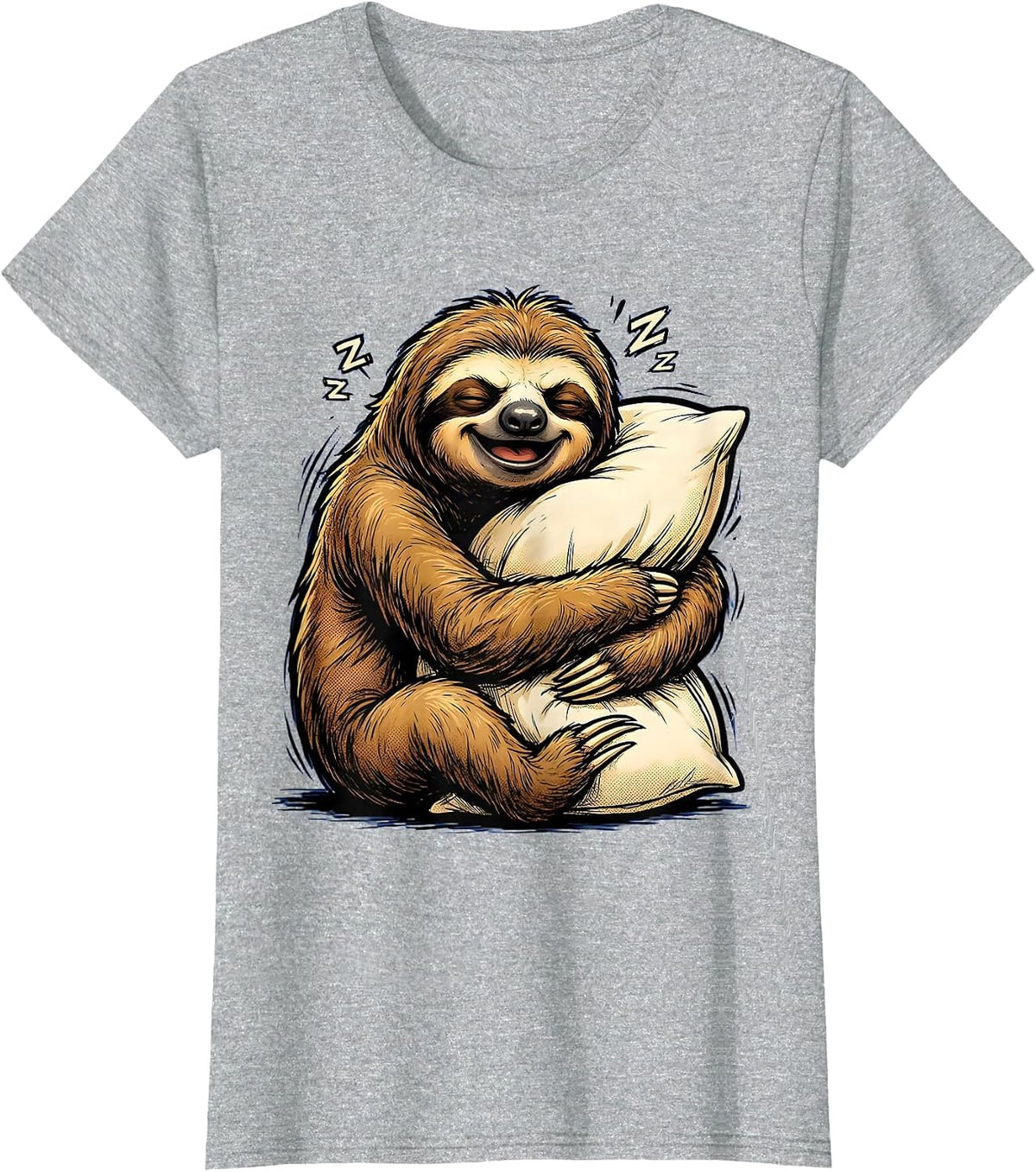 Sleepy Sloth Hugging Pillow Lazy Day Design T-Shirt - Heather Grey
