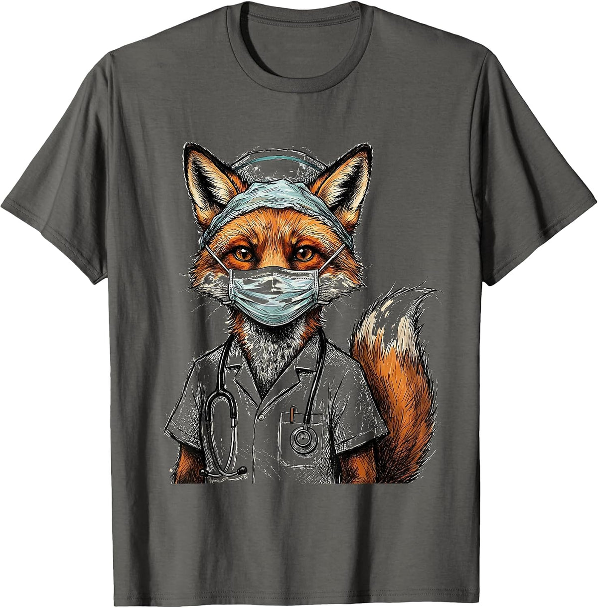 Nurse Fox Surgical Mask and Cap Illustration T-Shirt - Asphalt Grey