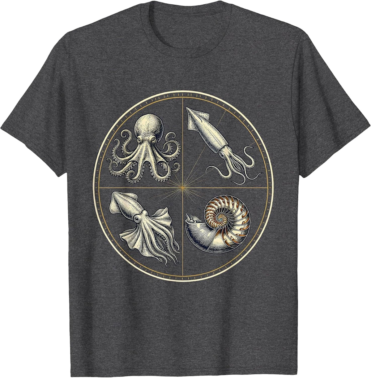 Cephalopod Emblem Octopus Squid Cuttlefish Nautilus T-Shirt - Dark Heather Grey