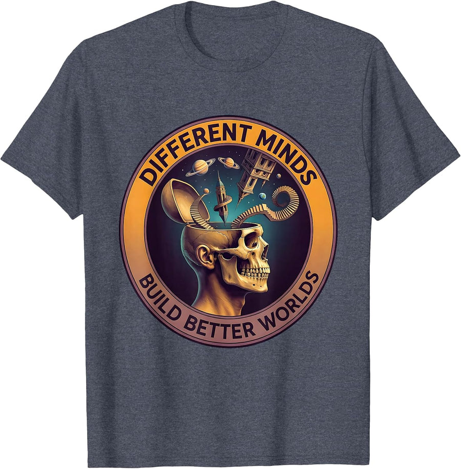 Different Minds Build Better Worlds Neurodiversity T-Shirt - Heather Blue
