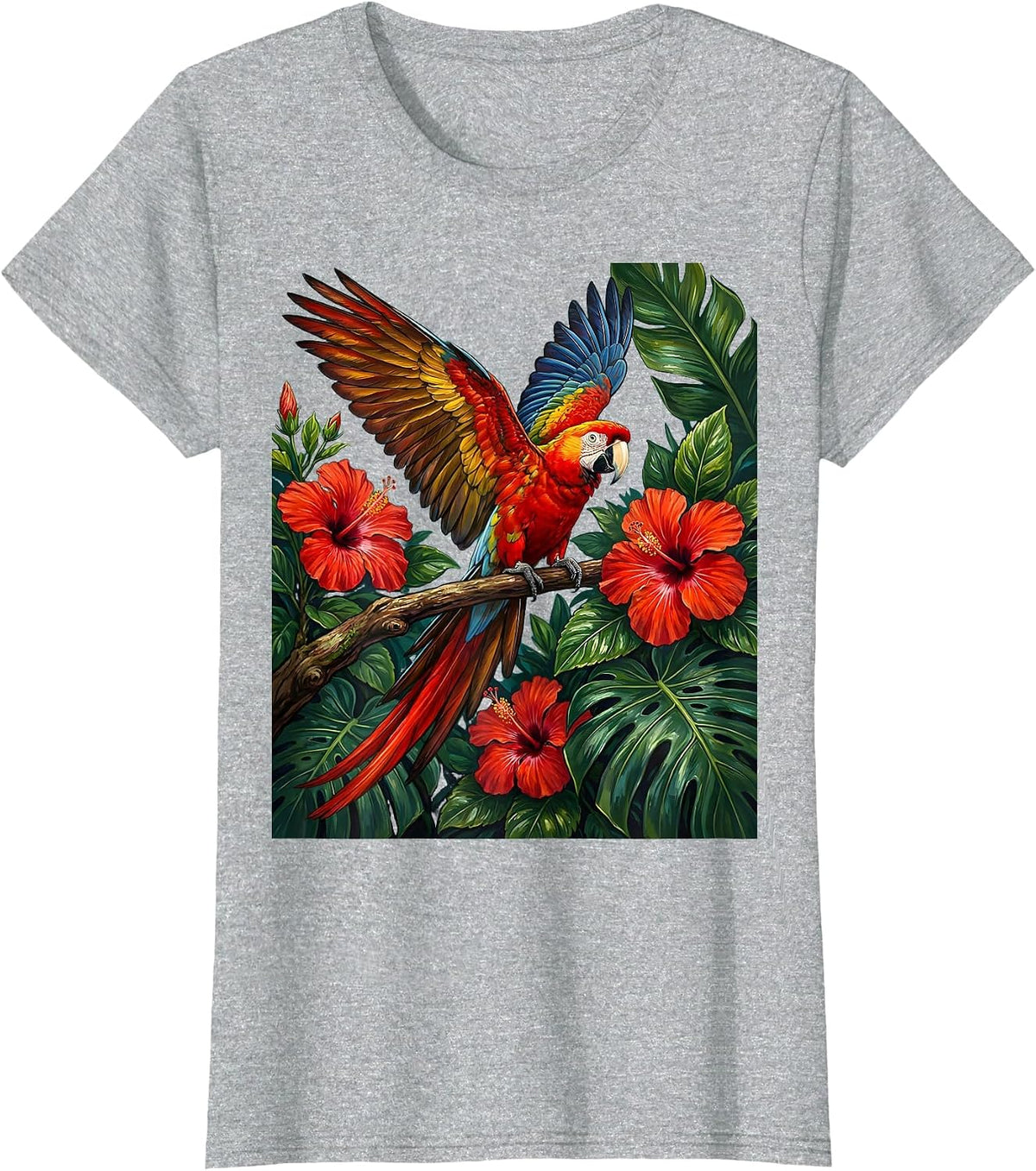 Women's Tropical Parrot Hibiscus Hawaiian Art Design T-Shirt - Heather Grey
