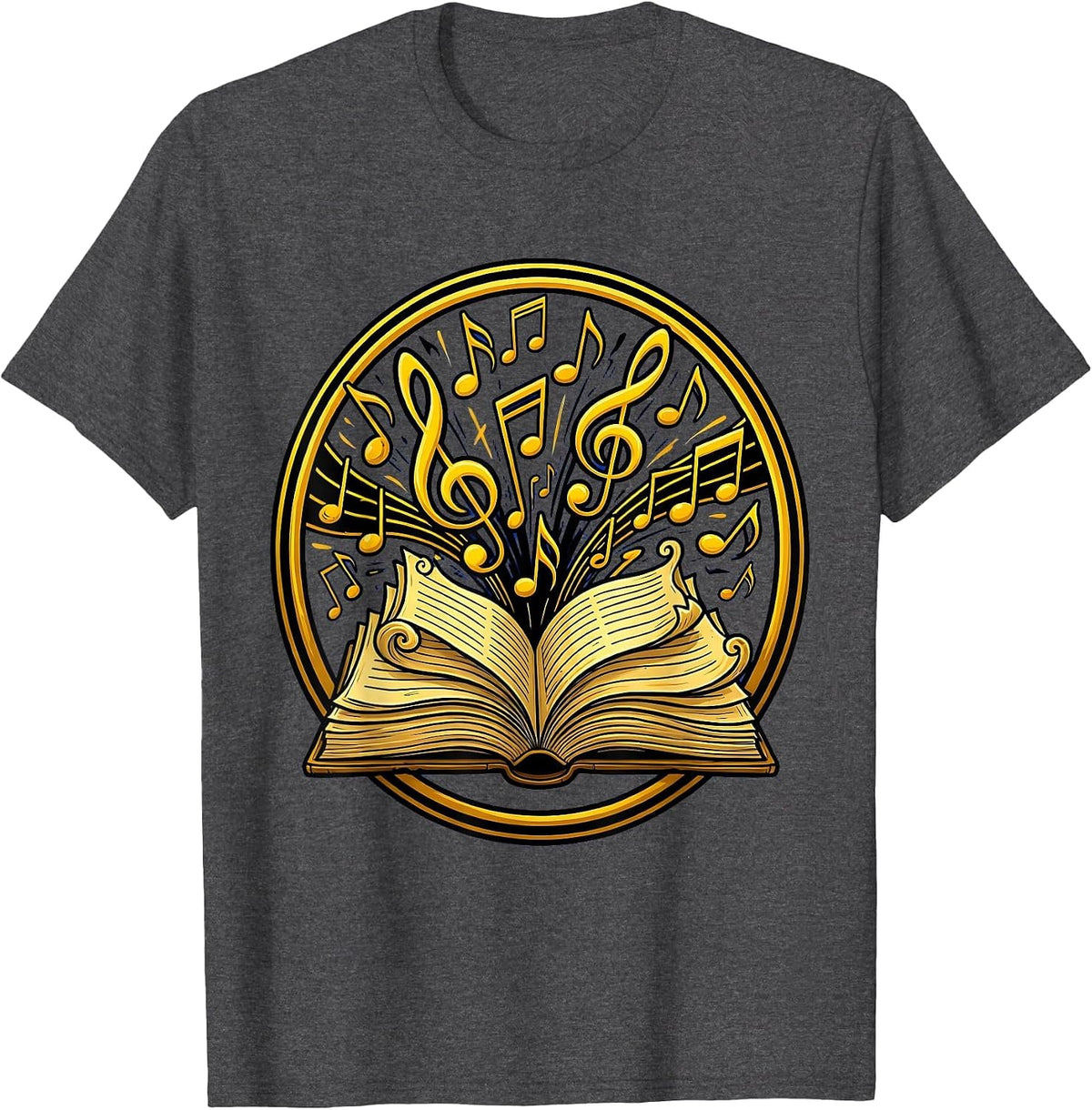 Music Teacher Open Book Flying Notes Illustration T-Shirt - Dark Heather Grey
