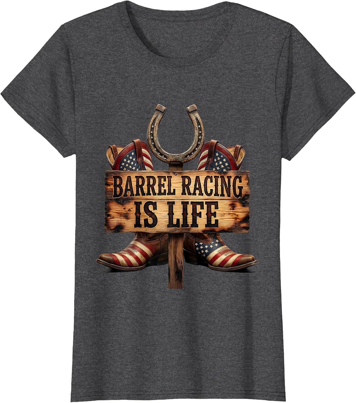 Women's Barrel Racing Is Life Rodeo Design T-Shirt - Dark Heather Grey