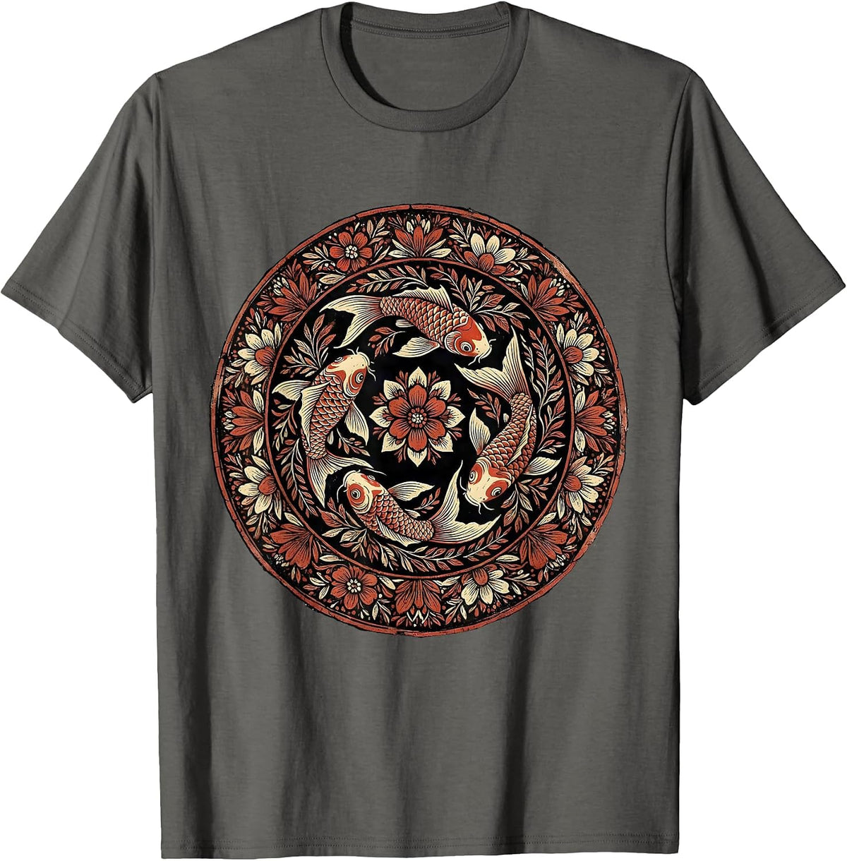 Men's Red White and Blue Koi Fish Swirl Design T-Shirt - Asphalt Grey