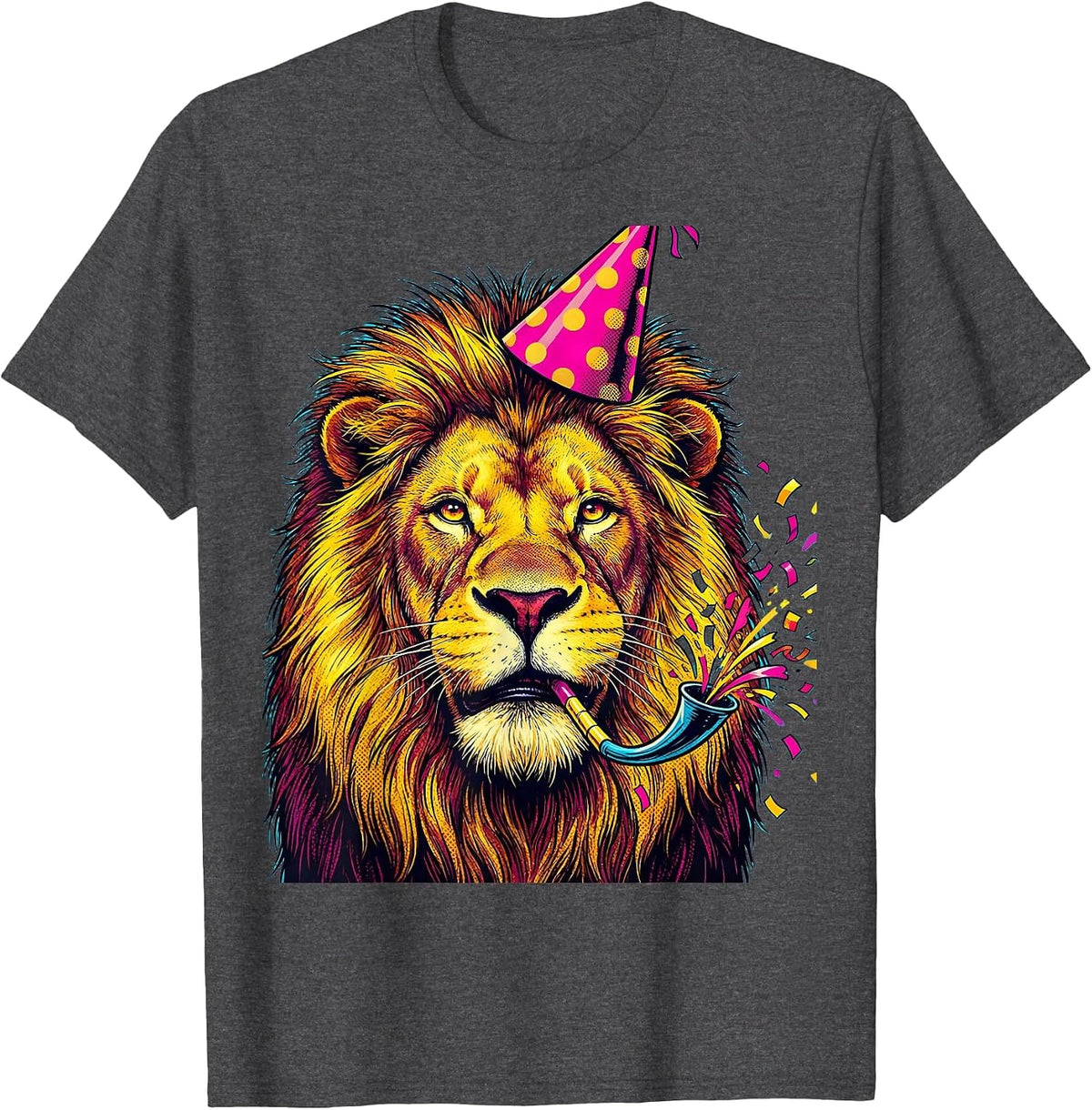 Party Animal Lion Celebration Graphic Tee T-Shirt - Dark Heather Grey