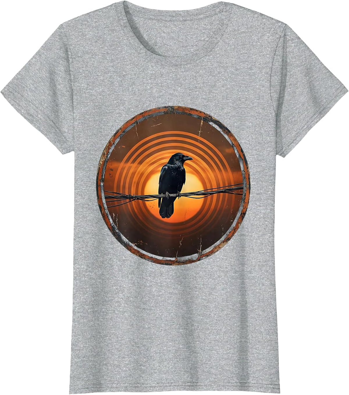 Crow Silhouette on Telephone Wire at Dusk T-Shirt - Heather Grey