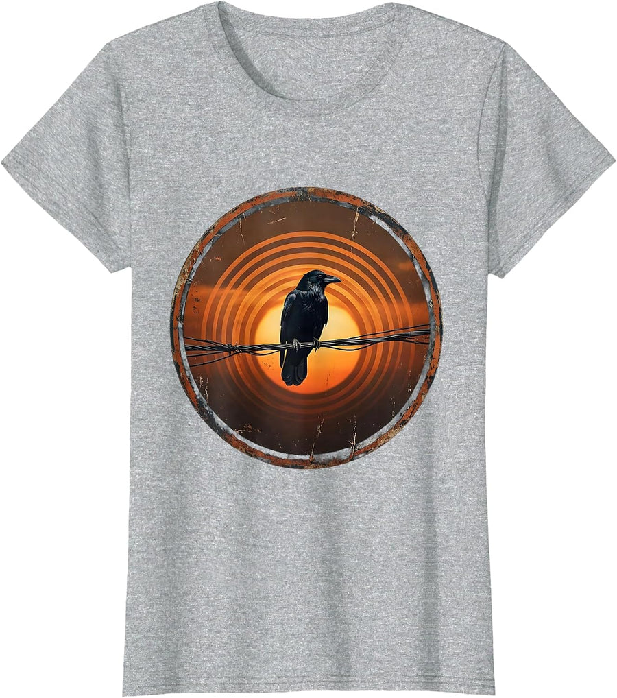 Crow Silhouette on Telephone Wire at Dusk T-Shirt - Heather Grey