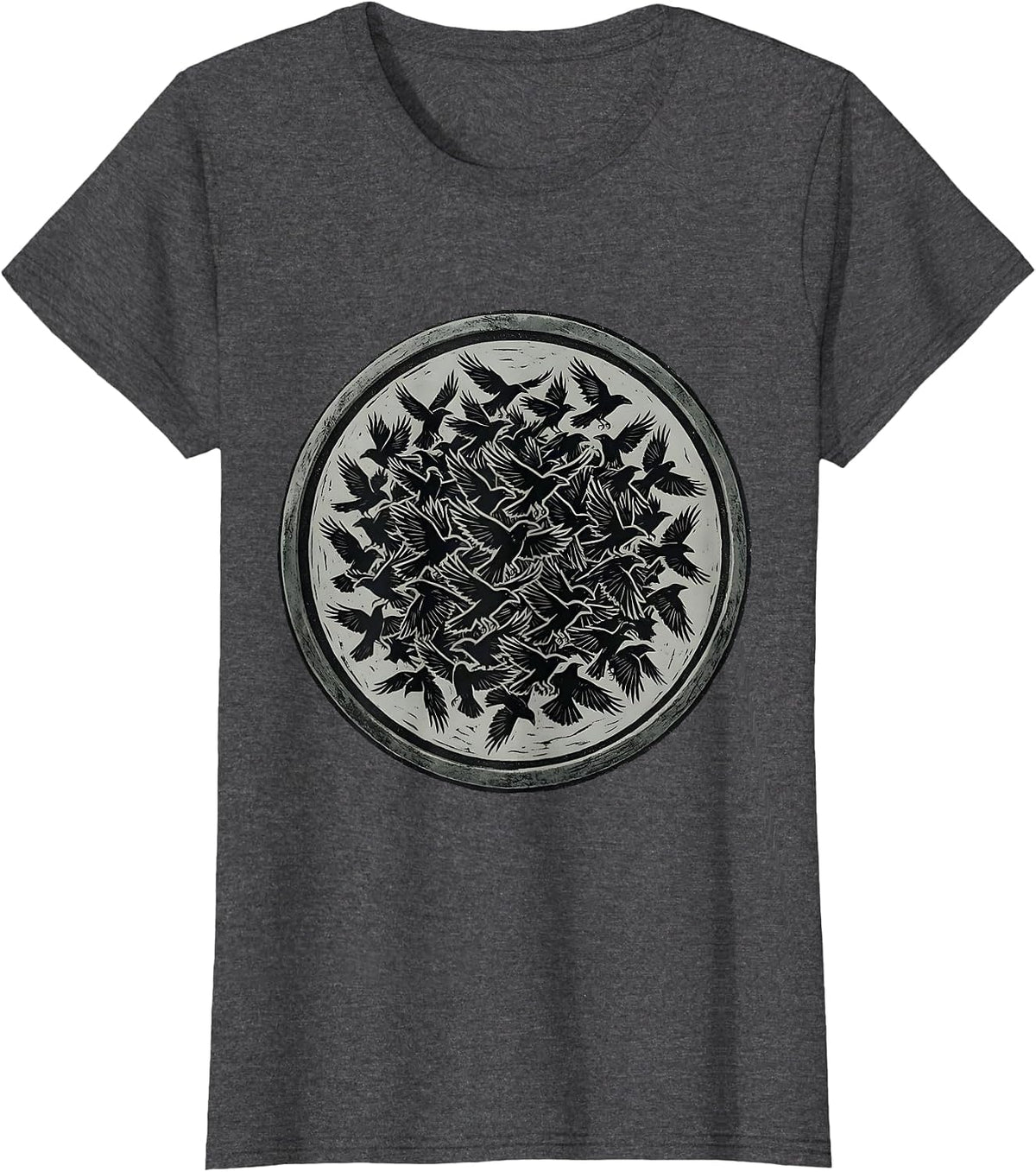 Women's Massive Crow Flock Darkening the Sky Design T-Shirt - Dark Heather Grey
