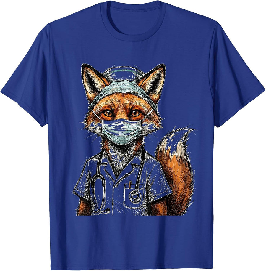 Nurse Fox Surgical Mask and Cap Illustration T-Shirt - Royal Blue