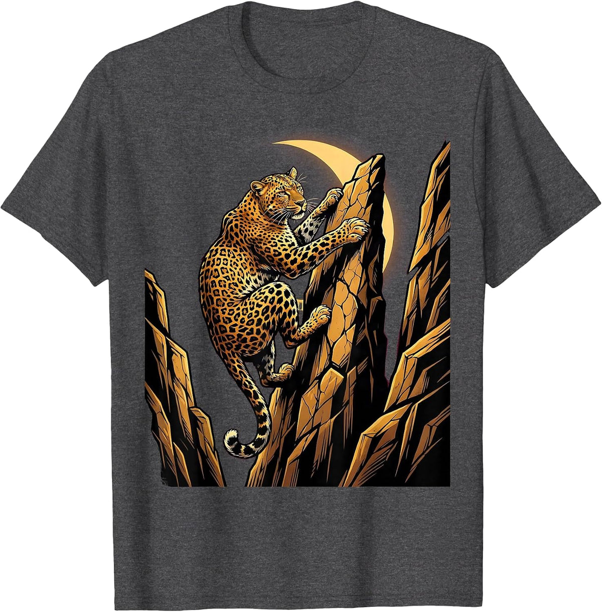 Leopard Climbing Cliff Face at Dusk Illustration T-Shirt - Dark Heather Grey