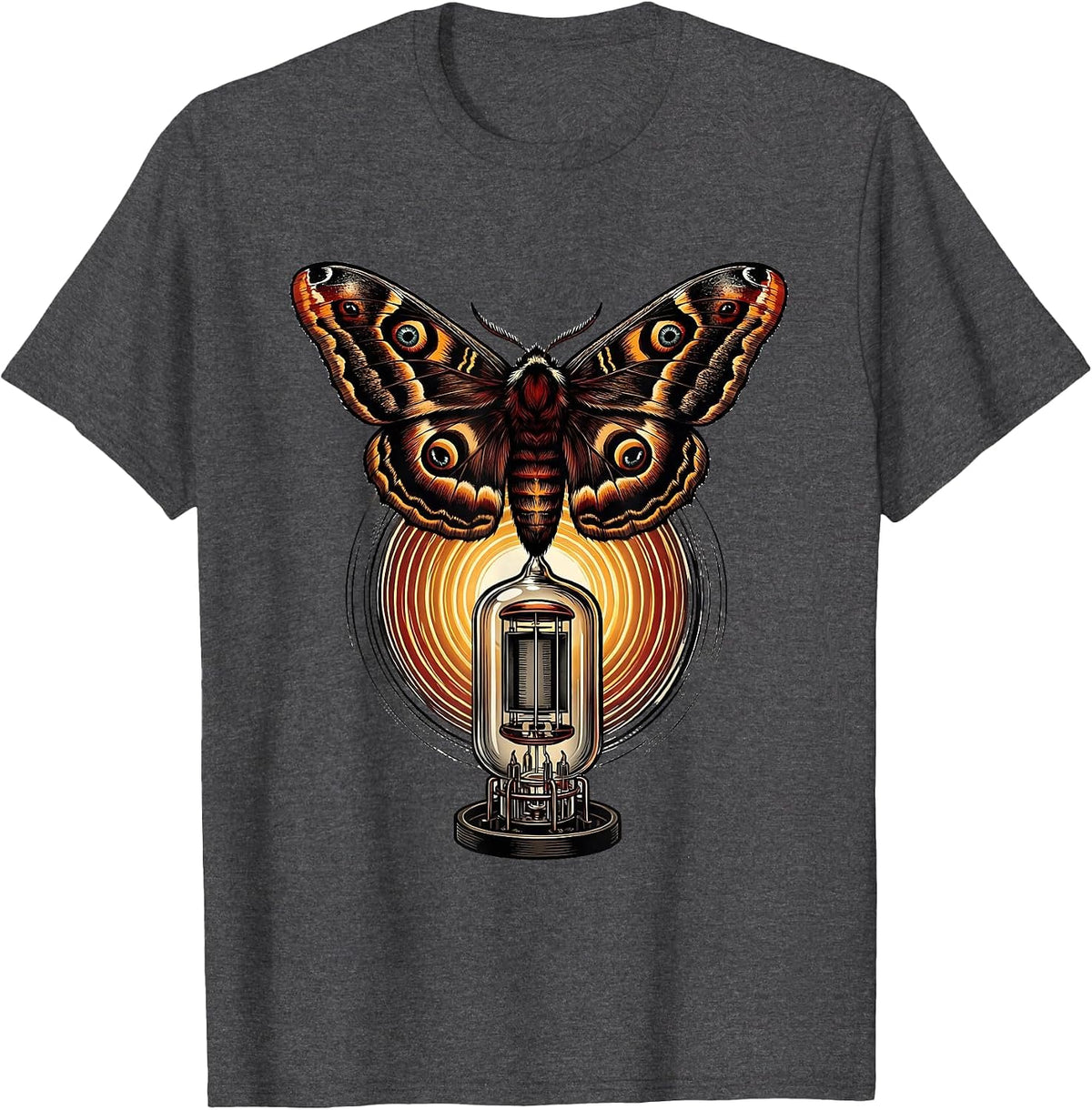 Moth and Vacuum Tube Amp Vintage Rock Art T-Shirt - Dark Heather Grey