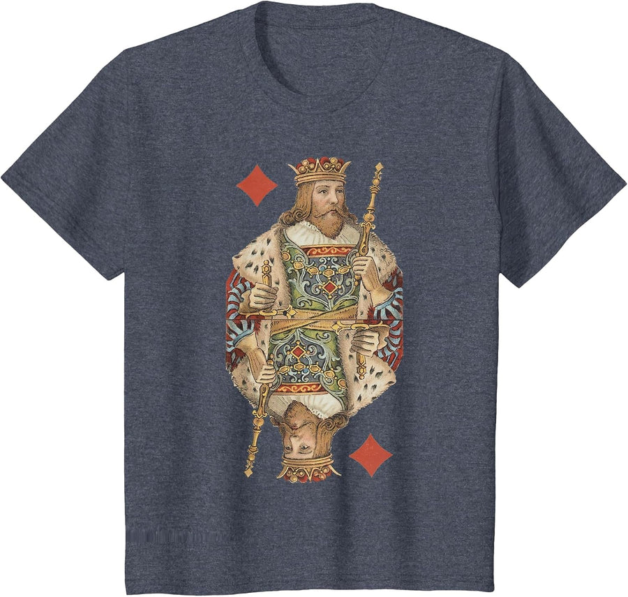 King of Diamonds Antique Art Nouveau Playing Card Art T-Shirt, Youth, Heather Blue, Medium - As Pictured