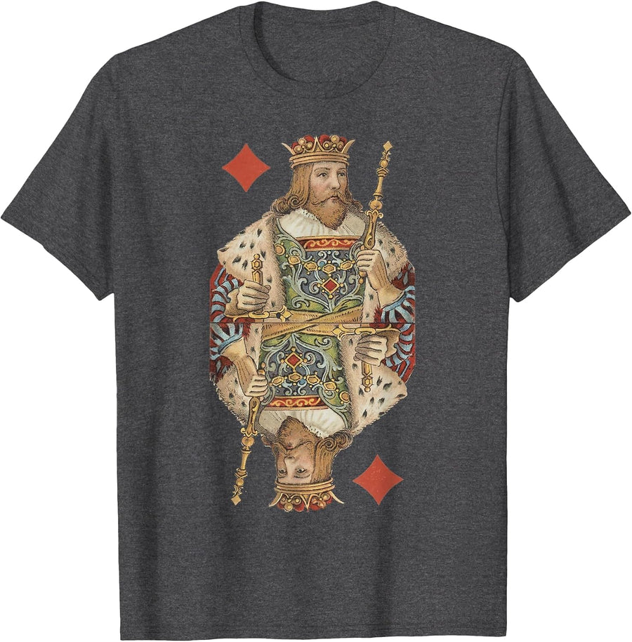King of Diamonds Antique Art Nouveau Playing Card Art T-Shirt, Men, Dark Heather Grey, Small - As Pictured