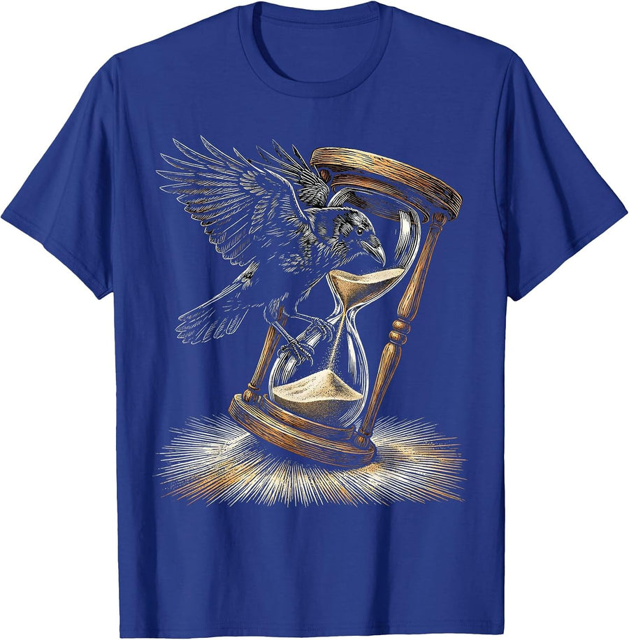 Crow Perched on Hourglass Dripping Sand Art T-Shirt - Royal Blue