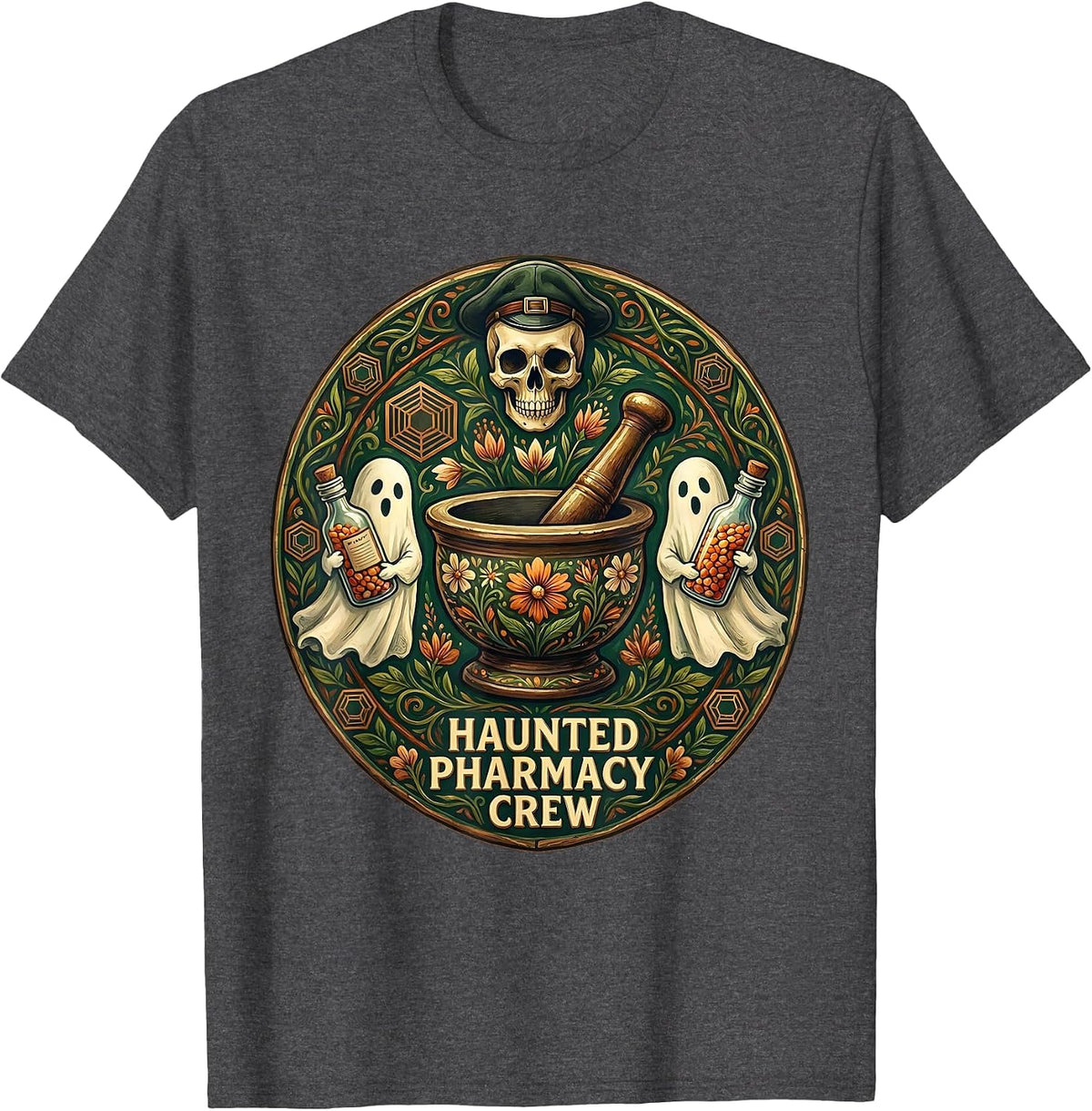 Haunted Pharmacy Crew Halloween Pharmacist Design T-Shirt - Dark Heather Grey
