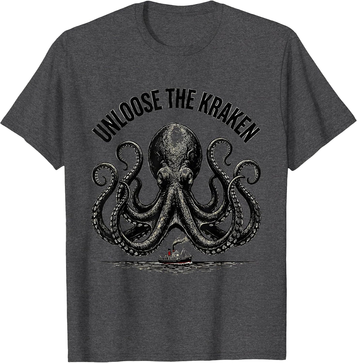 Men's Unloose The Kraken Vintage Kraken Sea Monster Octopus Lover T-Shirt - Dark Heather Grey