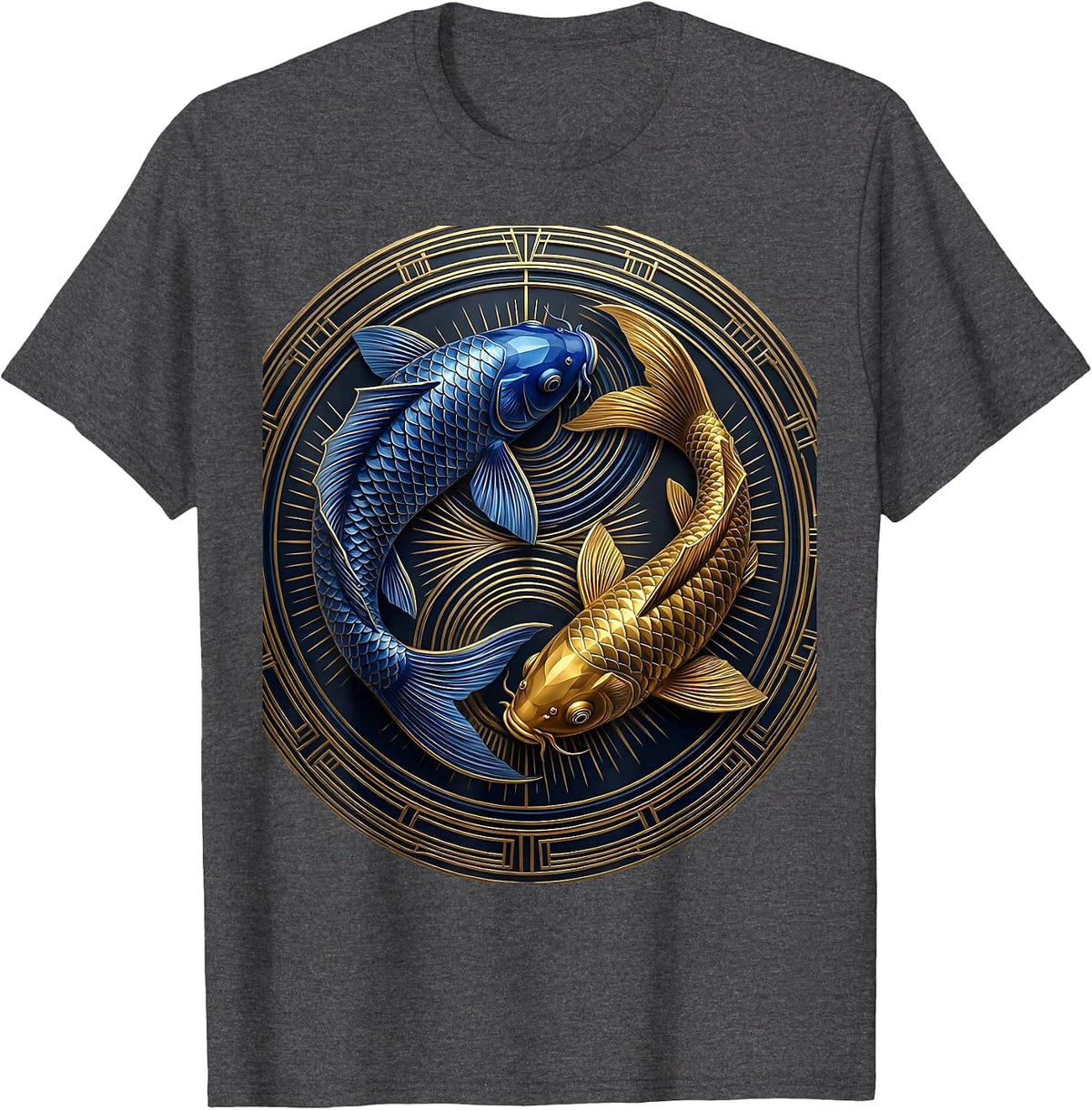 Blue and Gold Koi Fish Chase Graphic Design T-Shirt - Dark Heather Grey