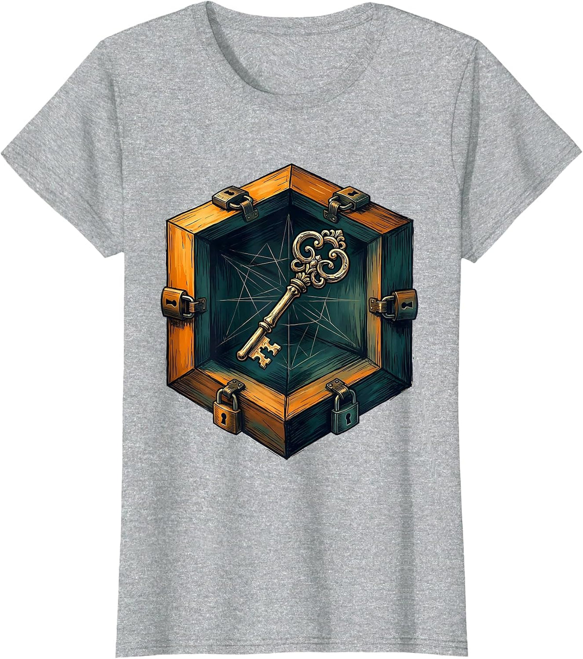 Key Inside Locked Glass Cube Surreal Art Design T-Shirt - Heather Grey