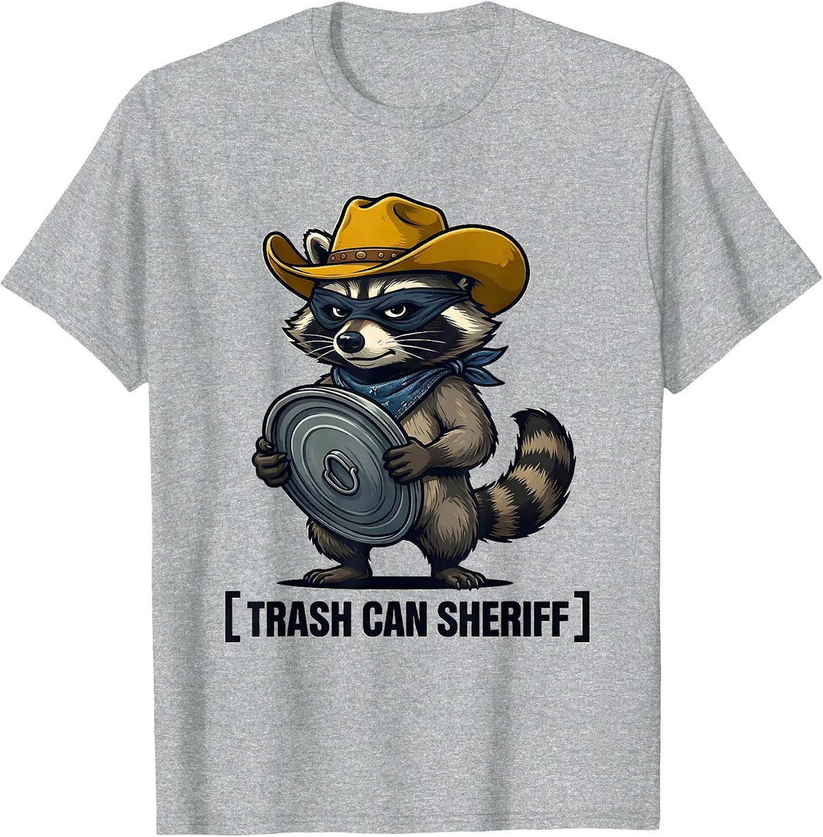 Men's Trash Can Sheriff Cartoon Raccoon Cowboy Novelty Humor T-Shirt - Heather Grey