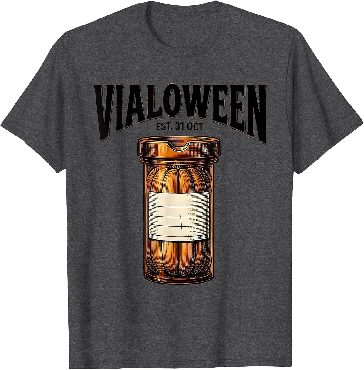 Men's Vialoween Crosshatch Etching Funny Pharmacy Halloween T-Shirt - Dark Heather Grey