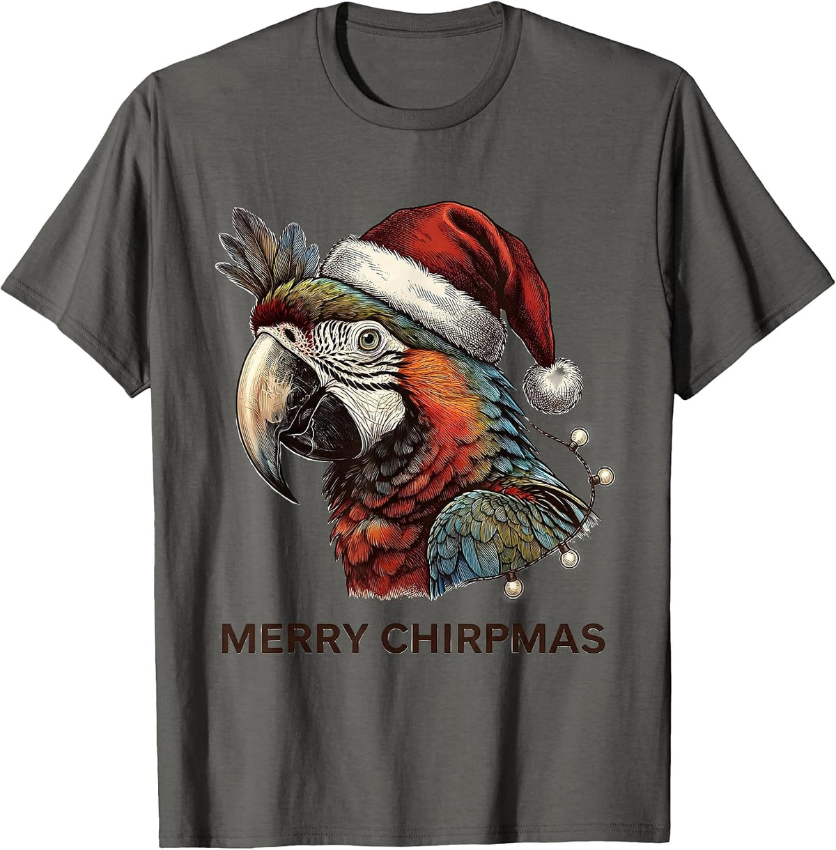 Men's Merry Chirpmas Crosshatch Etching Parrot Lover Christmas T-Shirt - Asphalt Grey