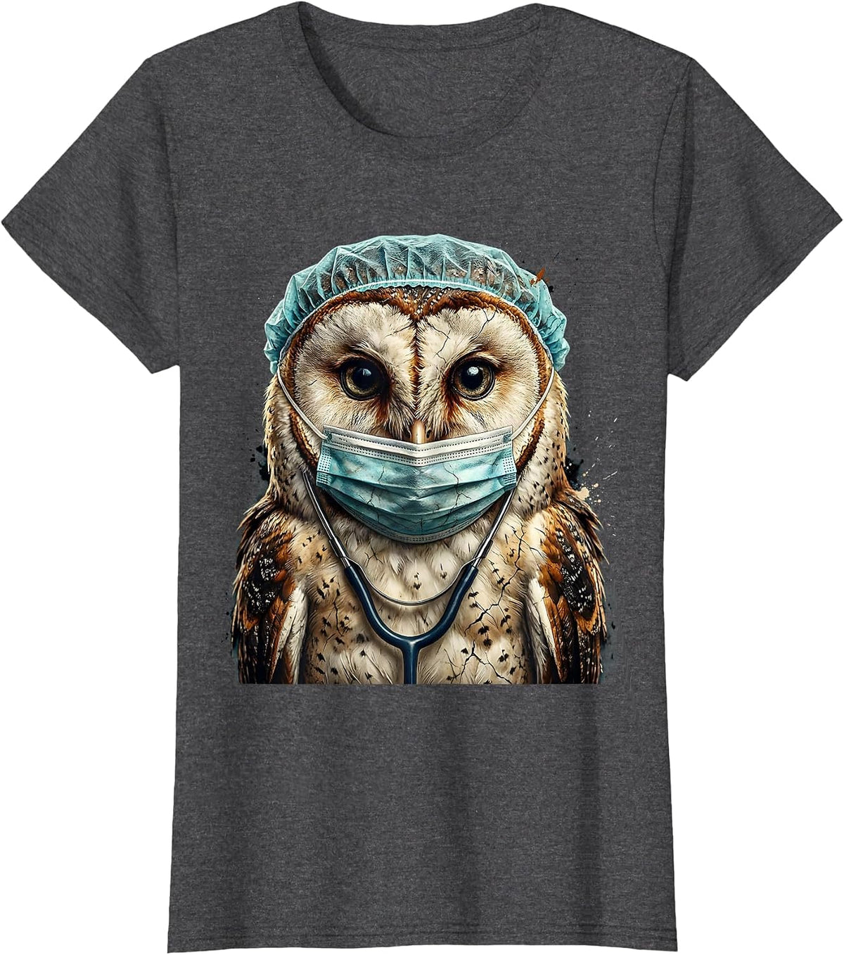 Women's Nurse Owl Surgical Mask and Cap Illustration T-Shirt - Dark Heather Grey