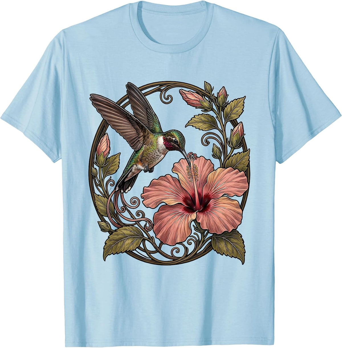 Gigi Hummingbird Hibiscus Floral Illustration T-Shirt - Baby Blue