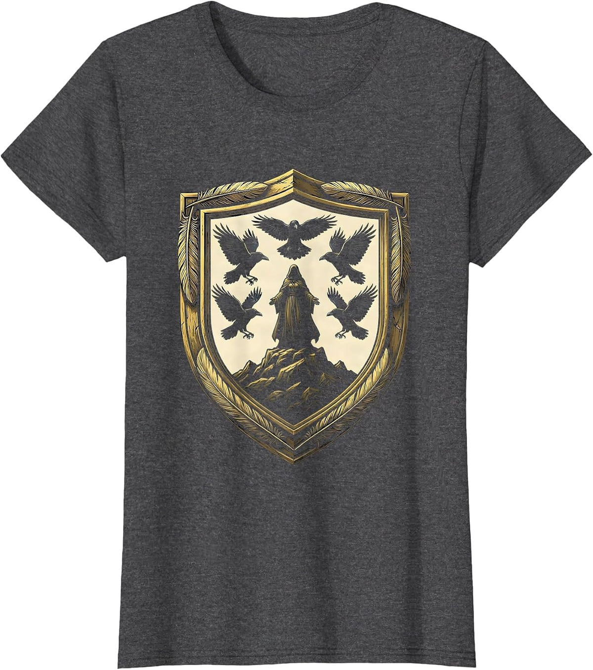 Women's Crows Circling Lone Figure on Hilltop Design T-Shirt - Dark Heather Grey