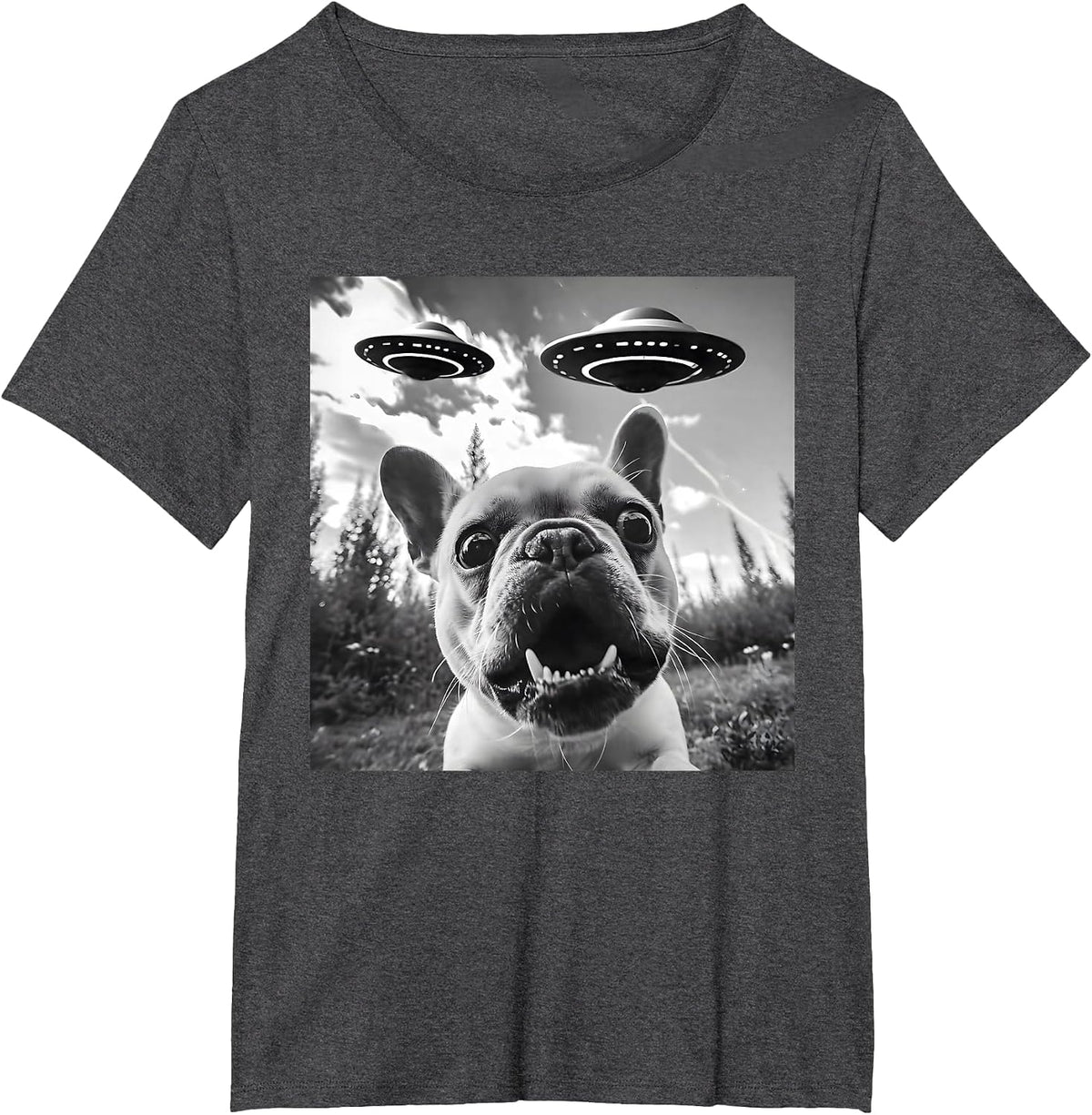Funny French Bulldog Selfie with UFO Men Graphic T-Shirt - Dark Heather Grey