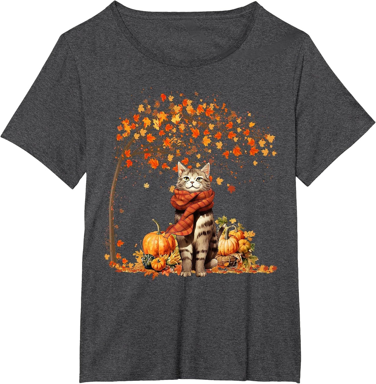 Cat Leaf Fall Hello Autumn Cat Kitten Lover Thanksgiving T-Shirt - Dark Heather Grey