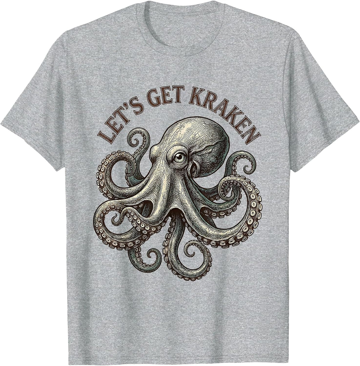 Men's Let's Get Kraken Crosshatch Octopus Etching Marine Biology T-Shirt - Heather Grey