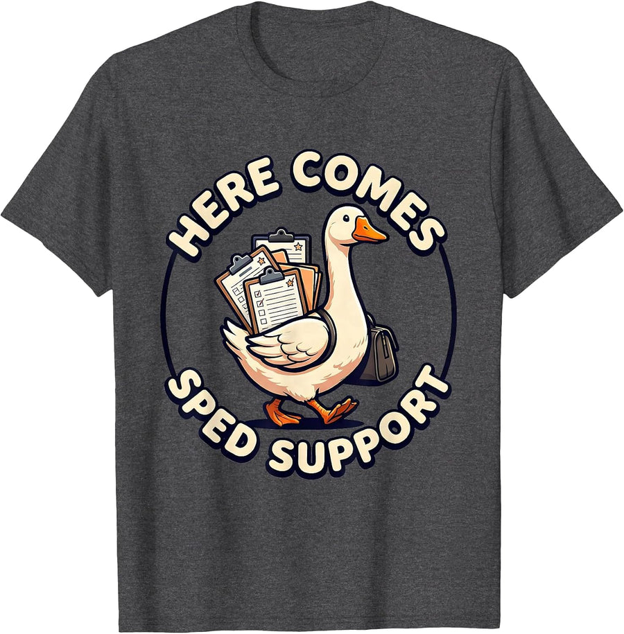 Men's Here Comes SPED Support Cute Kawaii Funny SPED Teacher T-Shirt - Dark Heather Grey