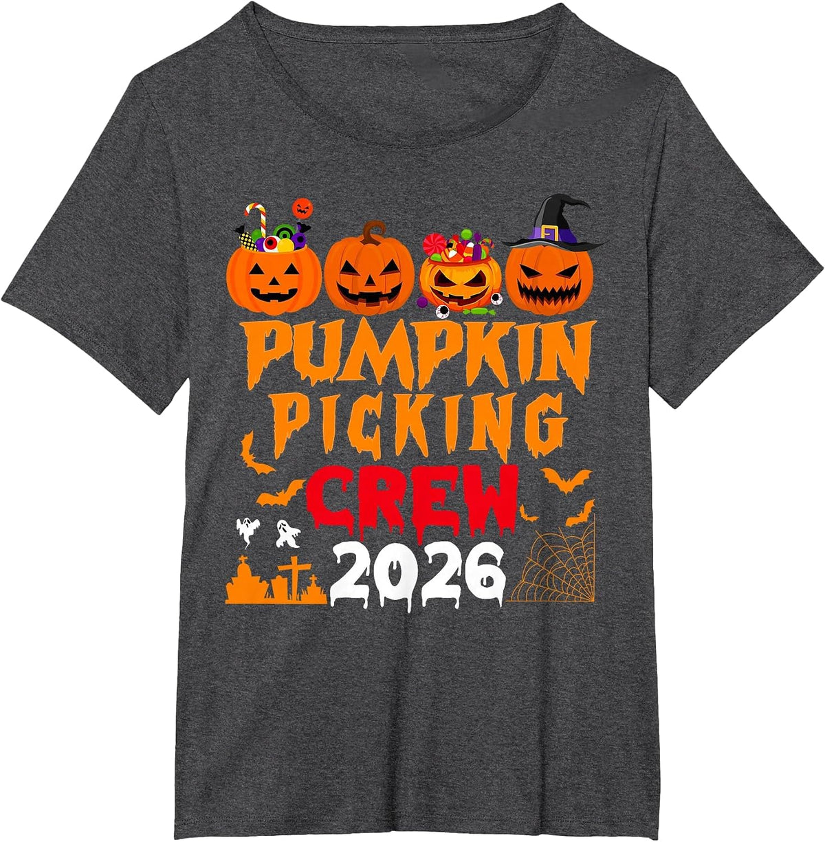 Retro Pumpkin Picking Crew Halloween 2026 Matching Group T-Shirt - Dark Heather Grey